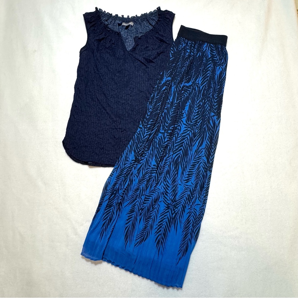 Ruby Rd. Maxi Skirt & Daisy Fuentes Top 2pc Set Blue Black Palm Sz 10